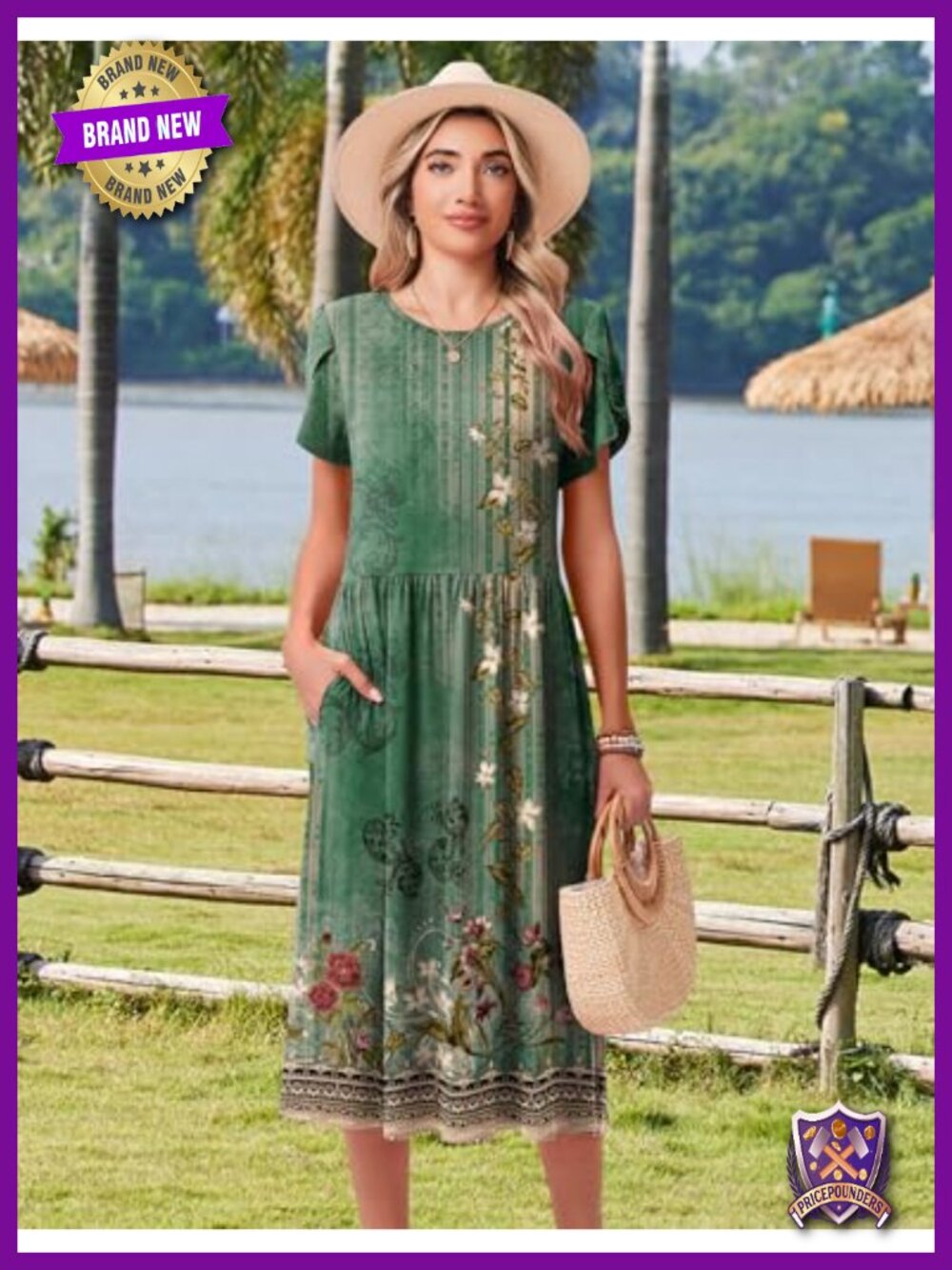 A-Line Midi Dress with Pockets Flowy Short Sleeve T-Shirt Dress - Picture 3 of 6